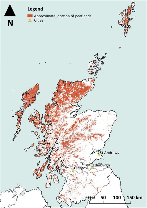 Map of Scotland with peatlands highlighted